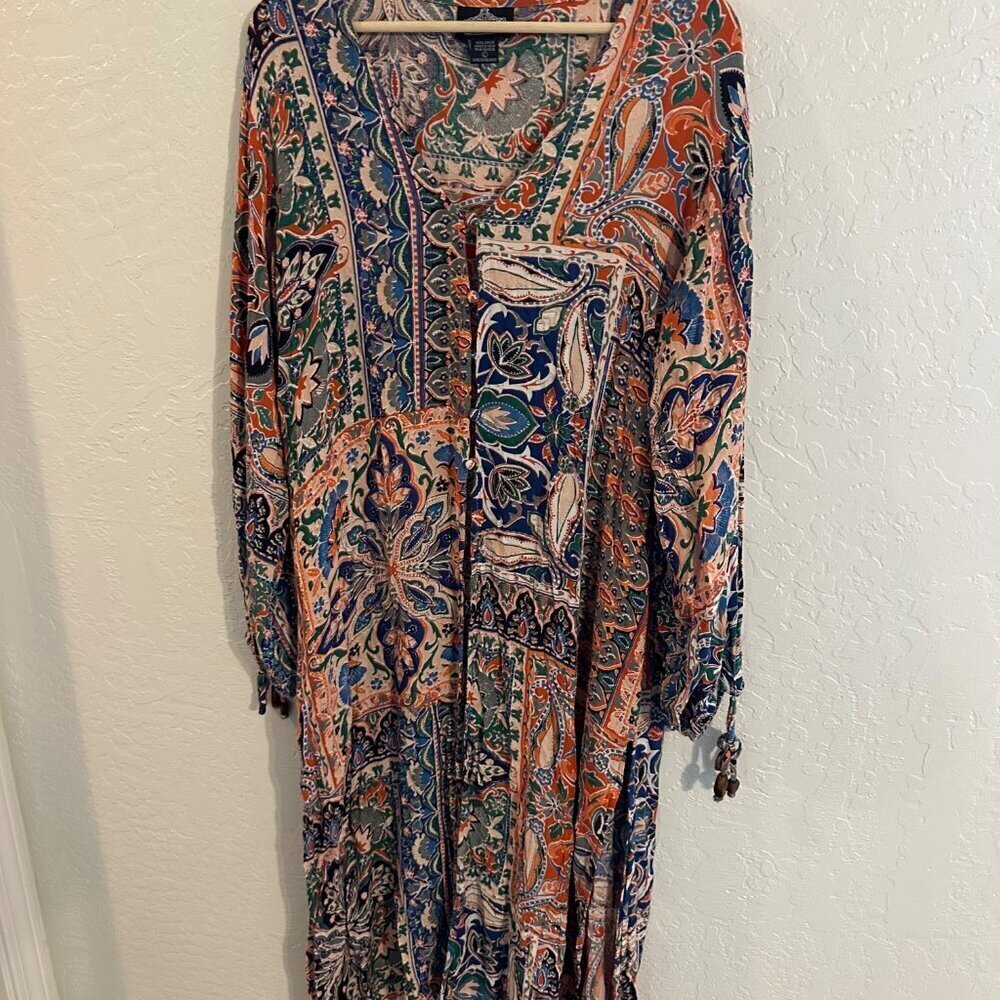 Y Angle Paisley Floral Boho Hippie Split Front Tie Sleeve Maxi Dress - Picture 2 of 11
